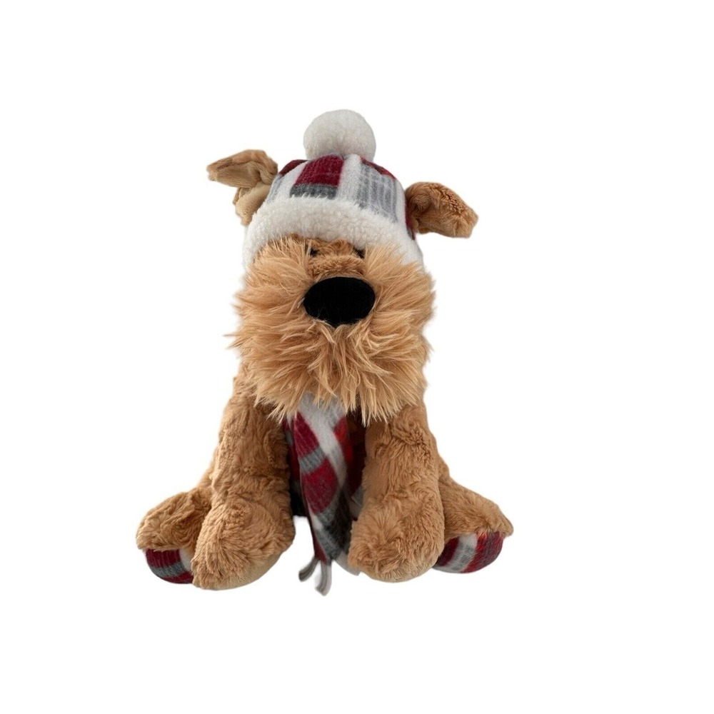 Gentle‎ Treasures Plush Dog Winter Hat & Scarf 10" Brown Tan Red White Soft Toy